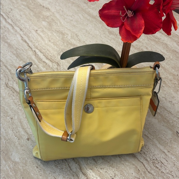 Coach Handbags - Coach Hampton Weekend Swing Crossbody Purse in Sunny Yellow Satin Fabric